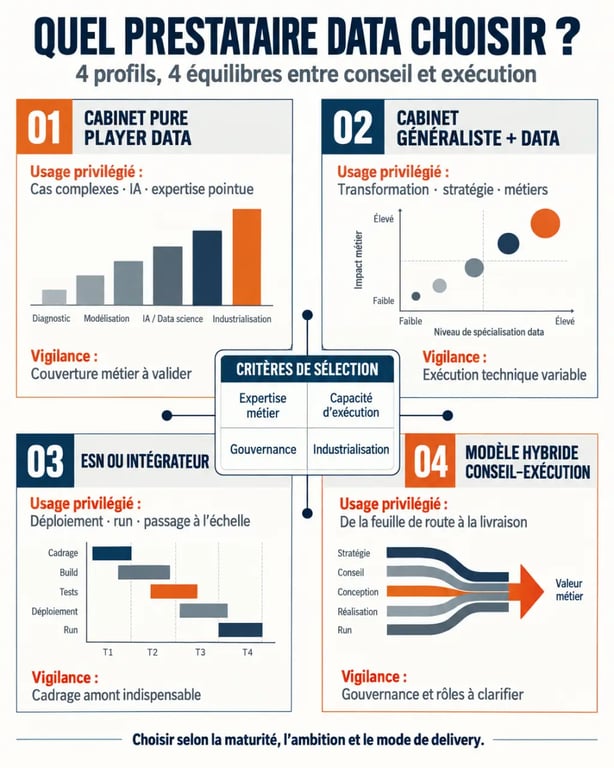 Infographie sur le choix d’un cabinet de conseil data management et les profils de prestataires