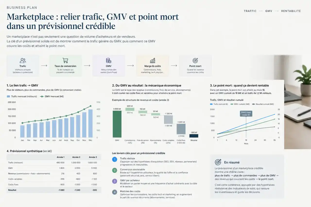Business plan marketplace : relier trafic, GMV et point mort dans un prévisionnel crédible