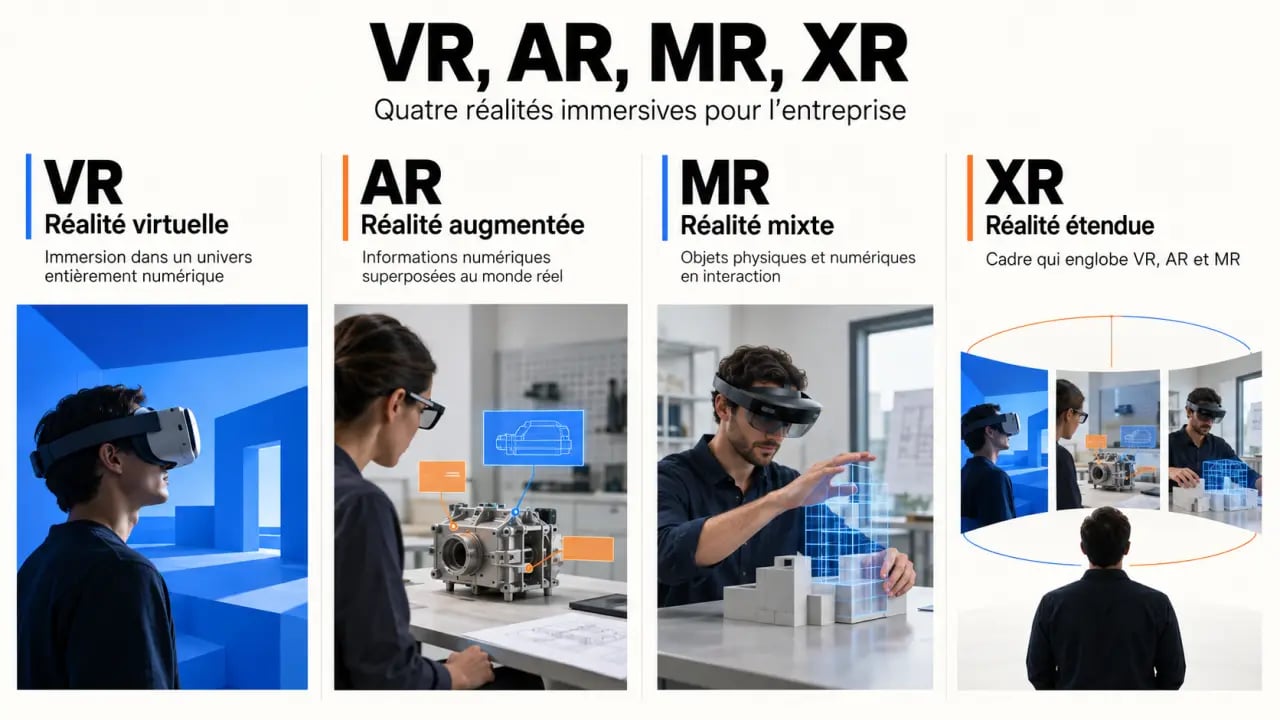 Entreprise de réalité virtuelle : comparaison visuelle entre VR, AR, MR et XR