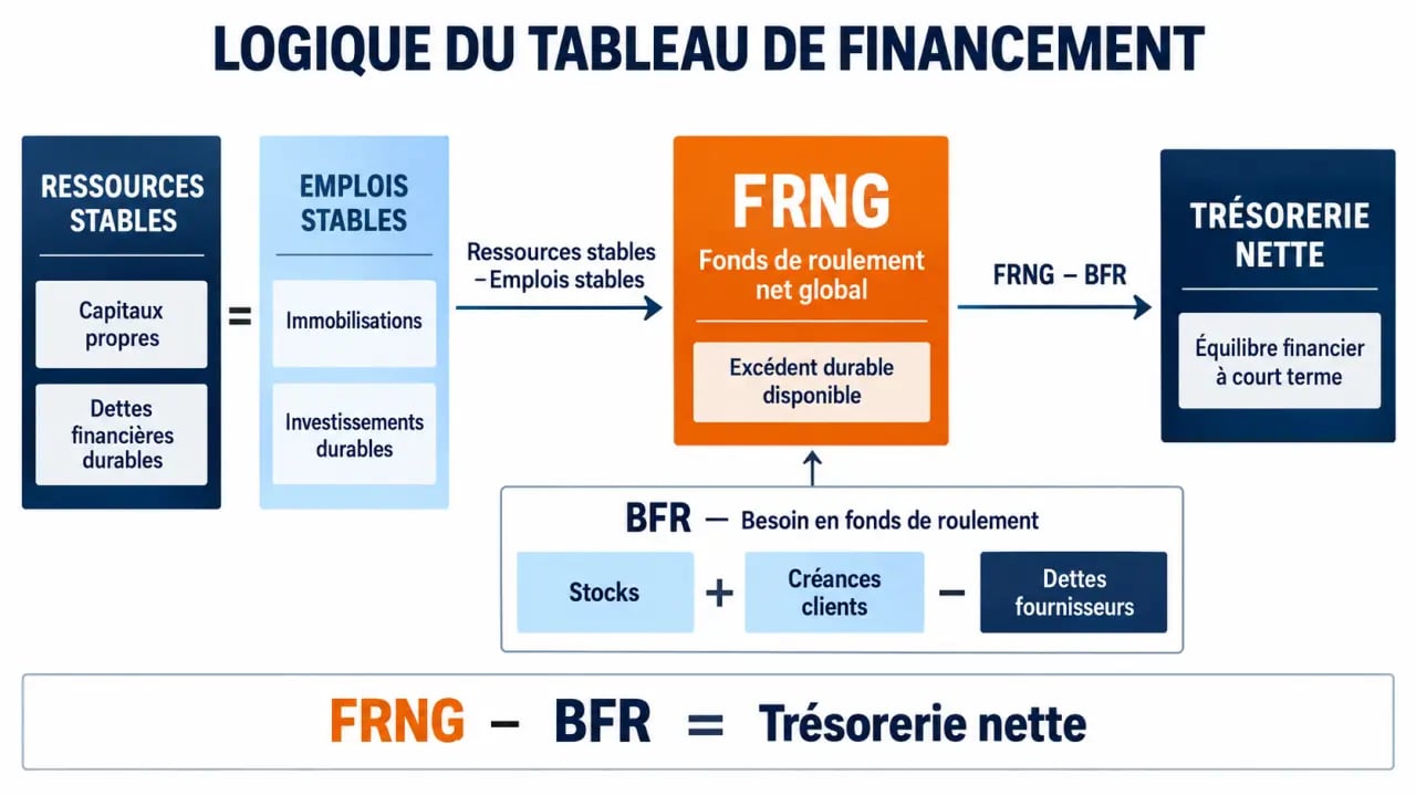 Tableau de financement : schéma des ressources stables, du FRNG, du BFR et de la trésorerie nette