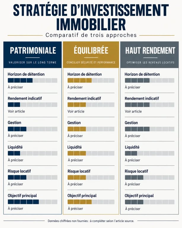 Stratégie investissement immobilier : comparaison visuelle des approches patrimoniale, équilibrée et haut rendement