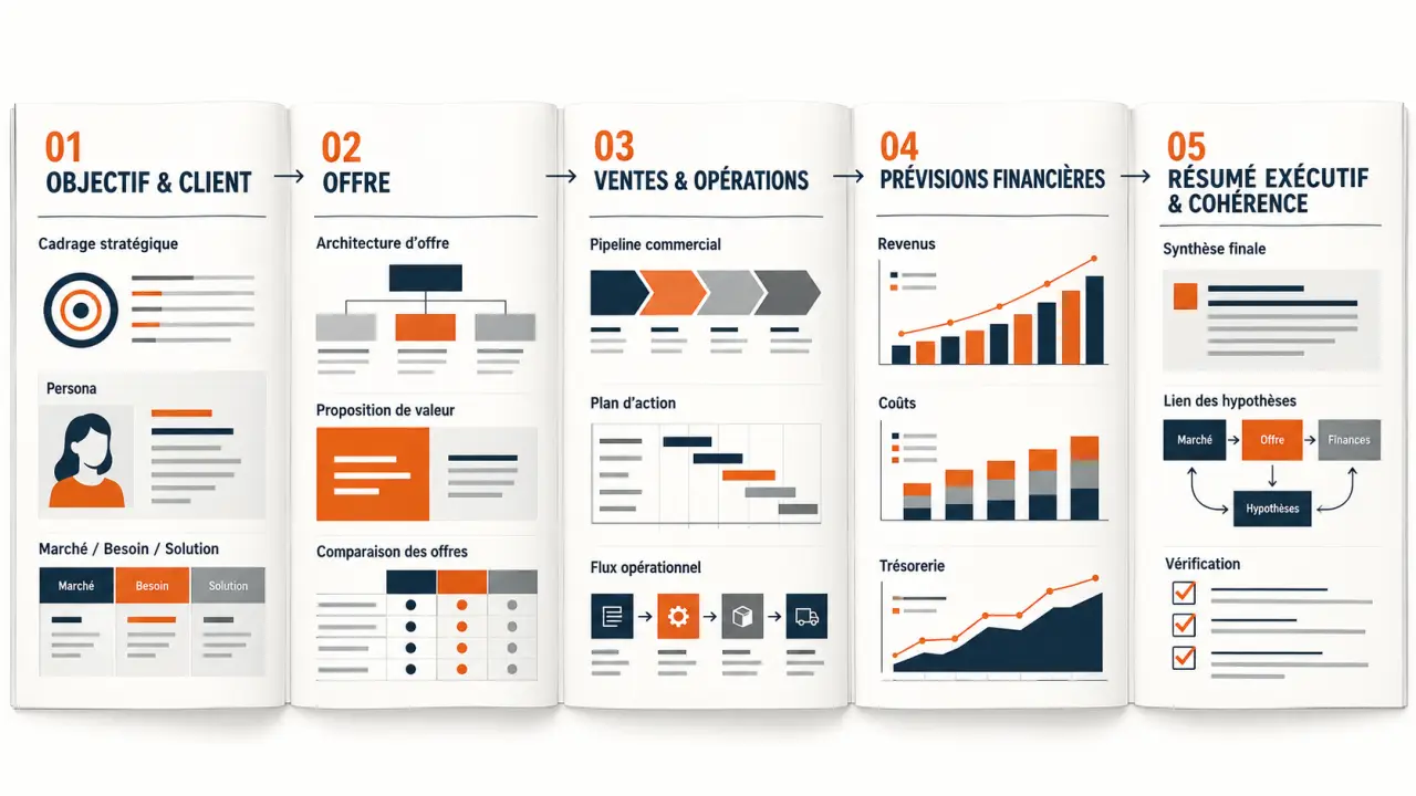 Illustration des étapes pour how to write a business plan step by step, de l’étude du client aux prévisions financières