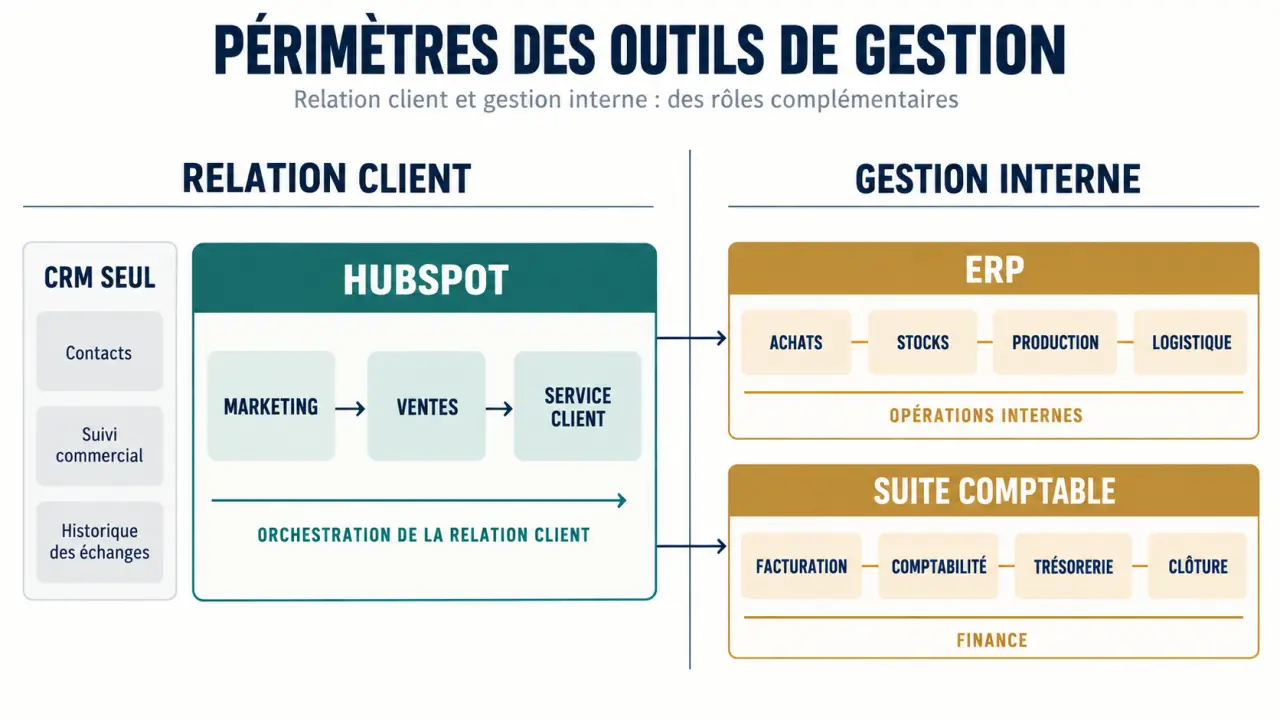 Positionnement de HubSpot comme outil de gestion tout-en-un pour entreprise face au CRM, à l’ERP et à la suite comptable