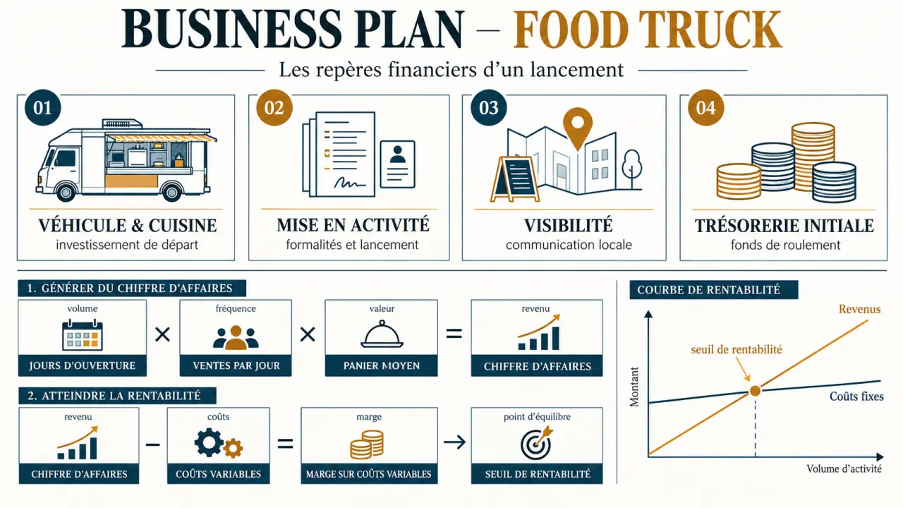 Infographie du business plan food truck avec investissements, chiffre d’affaires et seuil de rentabilité