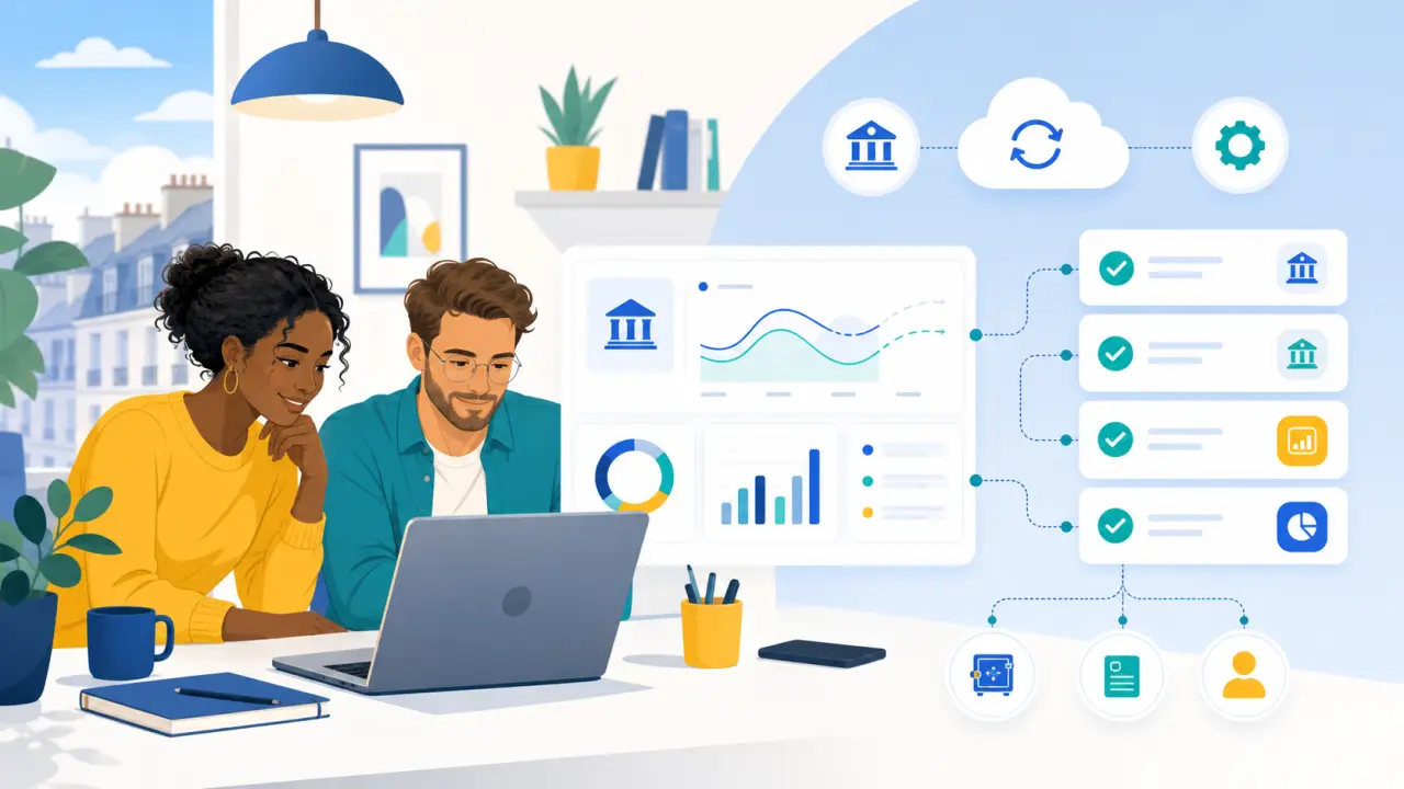 Tableau de bord de trésorerie connectée avec indicateurs financiers
