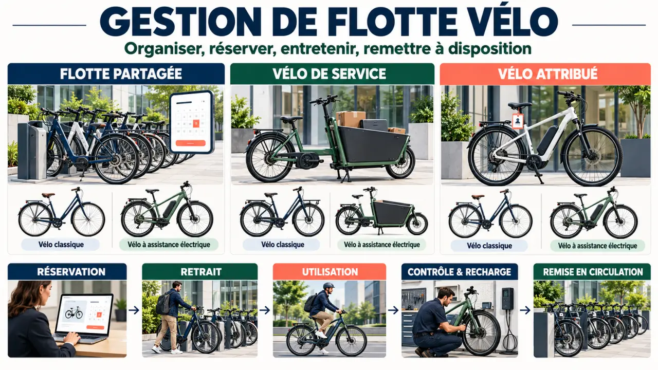 Infographie sur la gestion de flotte vélo en entreprise, avec les modèles de partage, de service et d'attribution